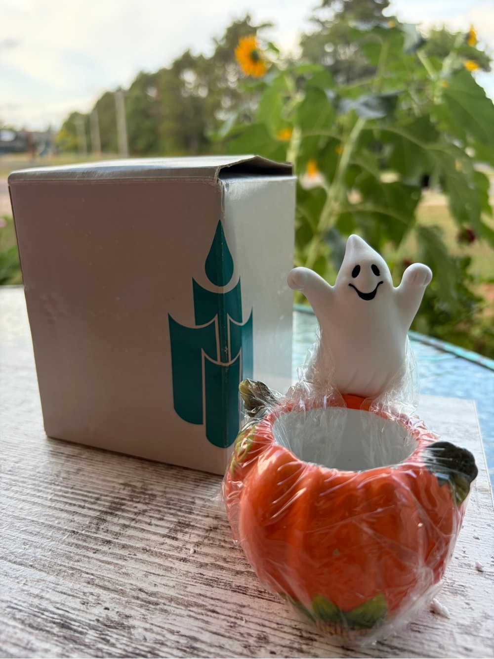 PartyLite Orange Pumpkin Tea Light with White Ghost Accent